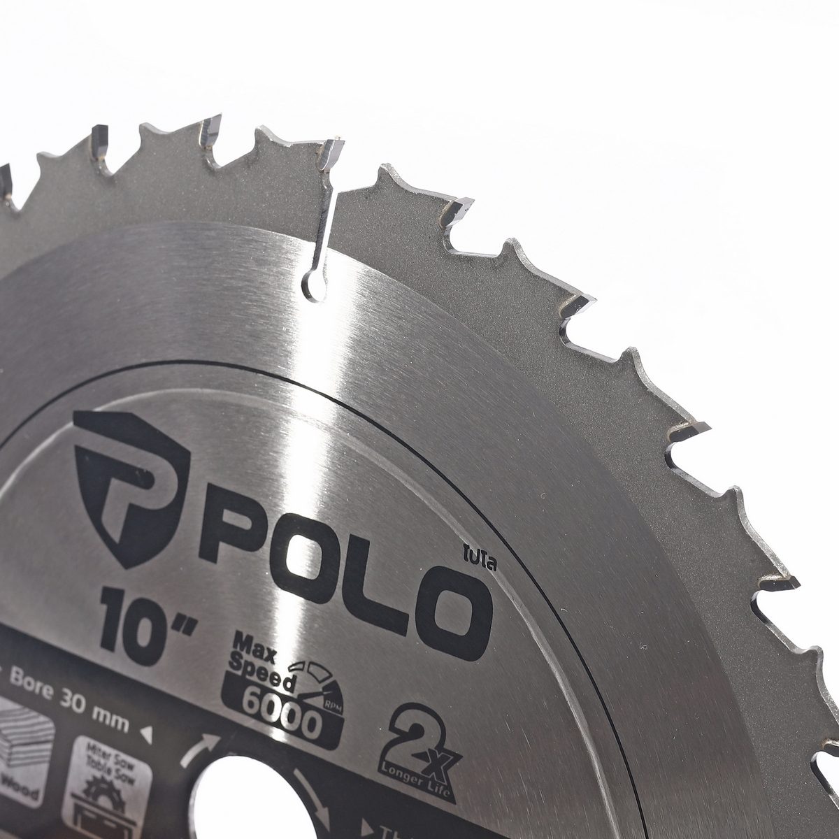 POLO ใบเลื่อยวงเดือน 10 นิ้ว x 30T (250มม.x 30ฟัน) ความเร็วรอบ 6,000 รอบ/นาที รูกลาง 30 มม. แหวน 25.4 มม. ใช้สำหรับตัดไม้ (โปโล)