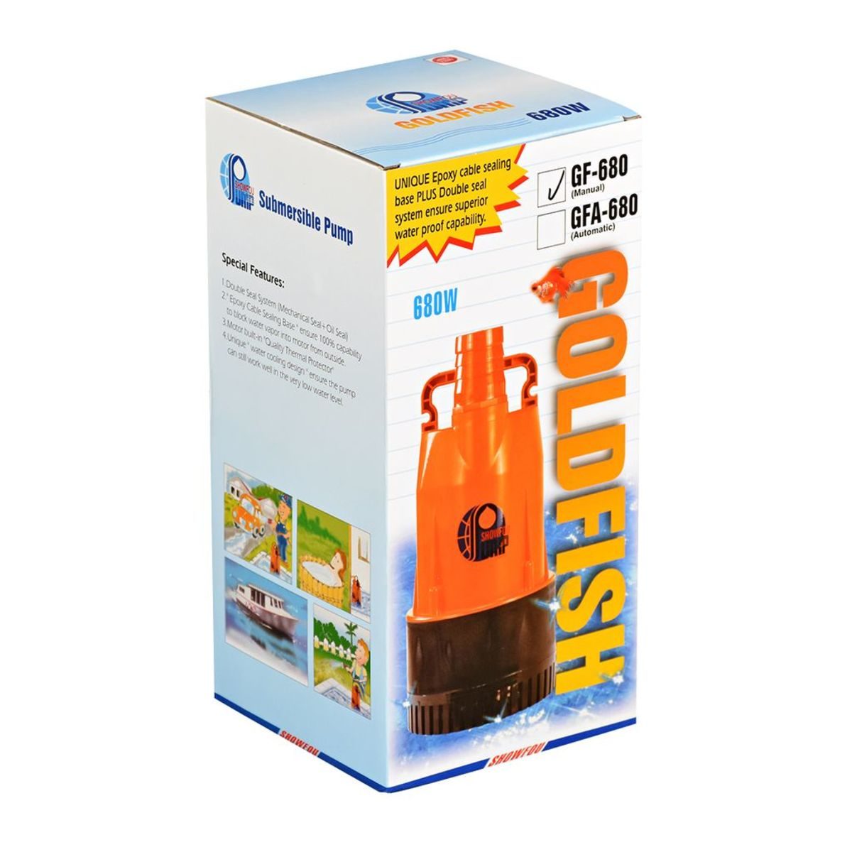 SHOWFOU ปั๊มจุ่ม รุ่น GF-680 กำลังมอเตอร์ 200 วัตต์ ส่งสูงสุด 10.5 ม. ปริมาณน้ำสูงสุด 250 ลิตร/นาที ท่อส่ง 1-1/2 นิ้ว และ 2 นิ้ว ไฟ 220 โวลต