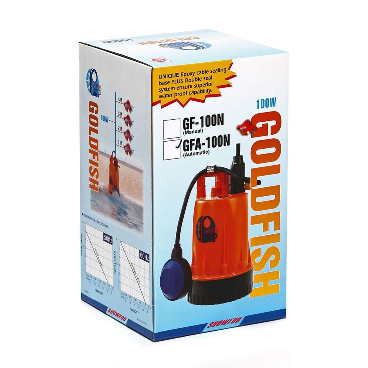 SHOWFOU ปั๊มจุ่มปั๊มจุ่มอัตโนมัติ รุ่น GFA-100 กำลังมอเตอร์ 100 วัตต์ ส่งสูงสุด 5 ม. ปริมาณน้ำสูงสุด 100 ลิตร/นาที ท่อส่ง 4 นิ้ว ไฟ 380 โวลต