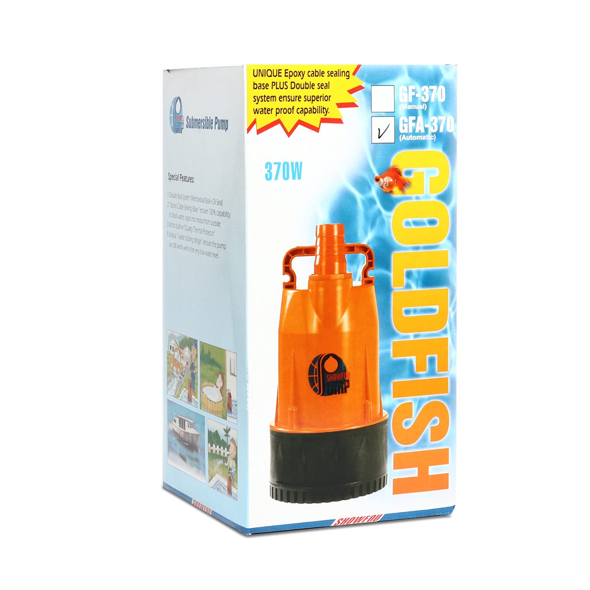 SHOWFOU ปั๊มจุ่มอัตโนมัติ รุ่น GFA-370 กำลังมอเตอร์ 370 วัตต์ ส่งสูงสุด 9 ม. ปริมาณน้ำสูงสุด 200 ลิตร/นาที ท่อส่ง 1-1/4 นิ้ว และ 1-1/2 นิ้ว 