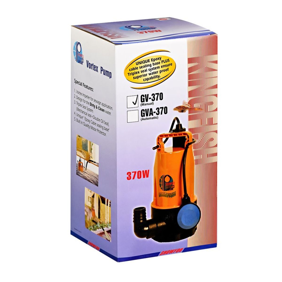SHOWFOU ปั๊มจุ่มอัตโนมัติ รุ่น GV-370 กำลังมอเตอร์ 370 วัตต์ ส่งสูงสุด 8 ม. ปริมาณน้ำสูงสุด 200 ลิตร/นาที ท่อส่ง 1-1/2 นิ้ว ไฟ 220 โวลต์ (โช