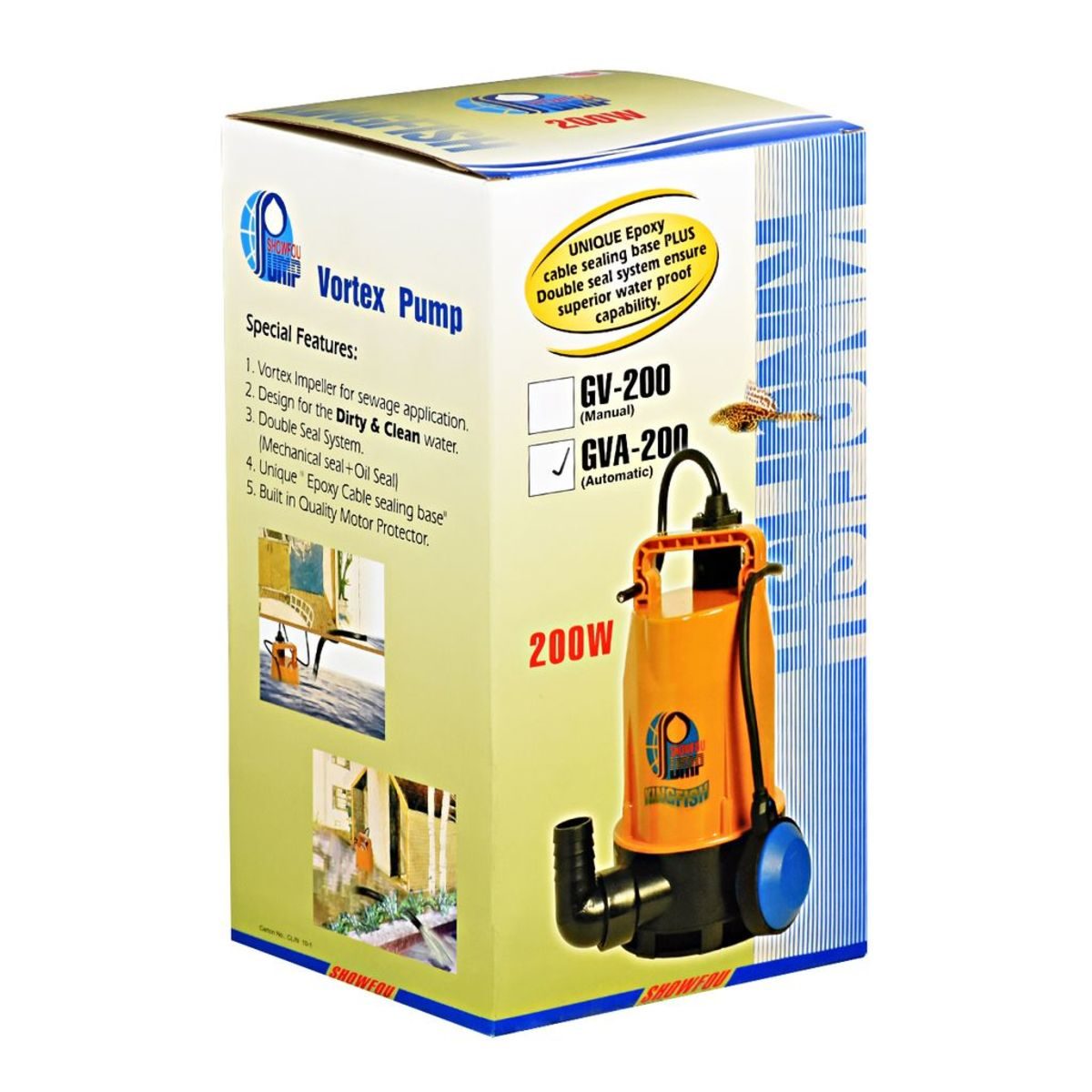 SHOWFOU ปั๊มจุ่มอัตโนมัติ รุ่น GV-200 กำลังมอเตอร์ 200 วัตต์ ส่งสูงสุด 5 ม. ปริมาณน้ำสูงสุด 150 ลิตร/นาที ท่อส่ง 1-1/4 นิ้ว ไฟ 220 โวลต์ (โช