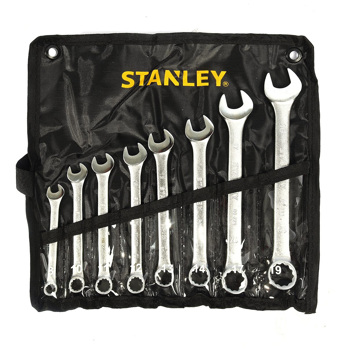 ชุดประแจแหวนข้างปากตาย 8 ชิ้น ซองผ้า สแตนเล่ย์ (STANLEY) รุ่น CWB ขนาด 9-19 มม. ในชุดประกอบไปด้วยเบอร์ 9,10,11,12,13,14,17,19 มม. วัสดุทำจาก