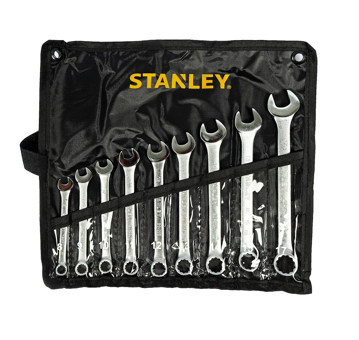 ชุดประแจแหวนข้างปากตาย 9 ชิ้น ซองผ้า สแตนเล่ย์ (STANLEY) รุ่น CWB ขนาด 8-17 มม. ในชุดประกอบไปด้วยเบอร์ 8,9,10,11,12,13,14,15,17 มม. วัสดุทำจ