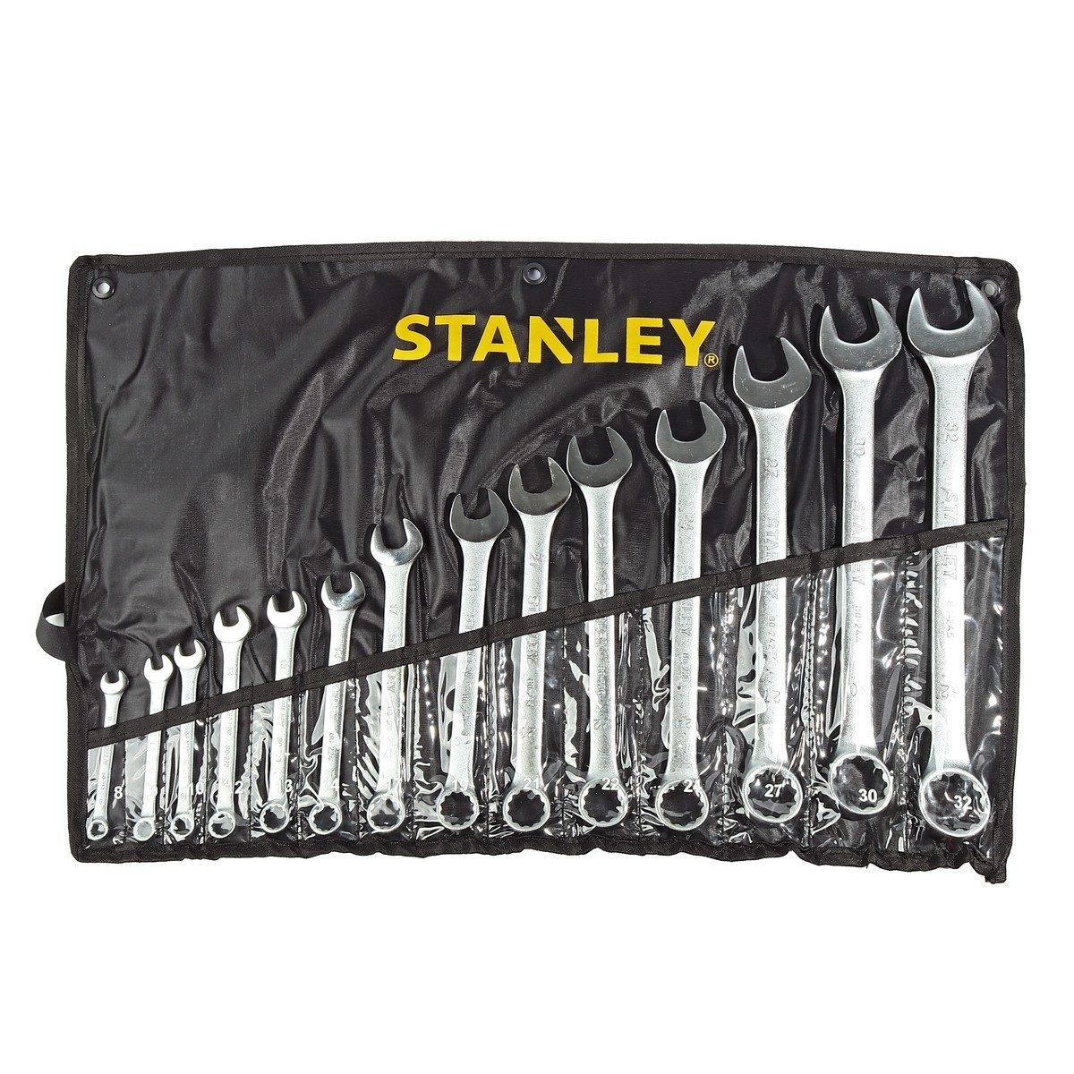 ชุดประแจแหวนข้างปากตาย 14 ชิ้น ซองผ้า สแตนเล่ย์ (STANLEY) รุ่น CWB ขนาด 8-32 มม. ในชุดประกอบไปด้วยเบอร์ 8,9,10,12,13,14,17,19,21,22,24,27,30