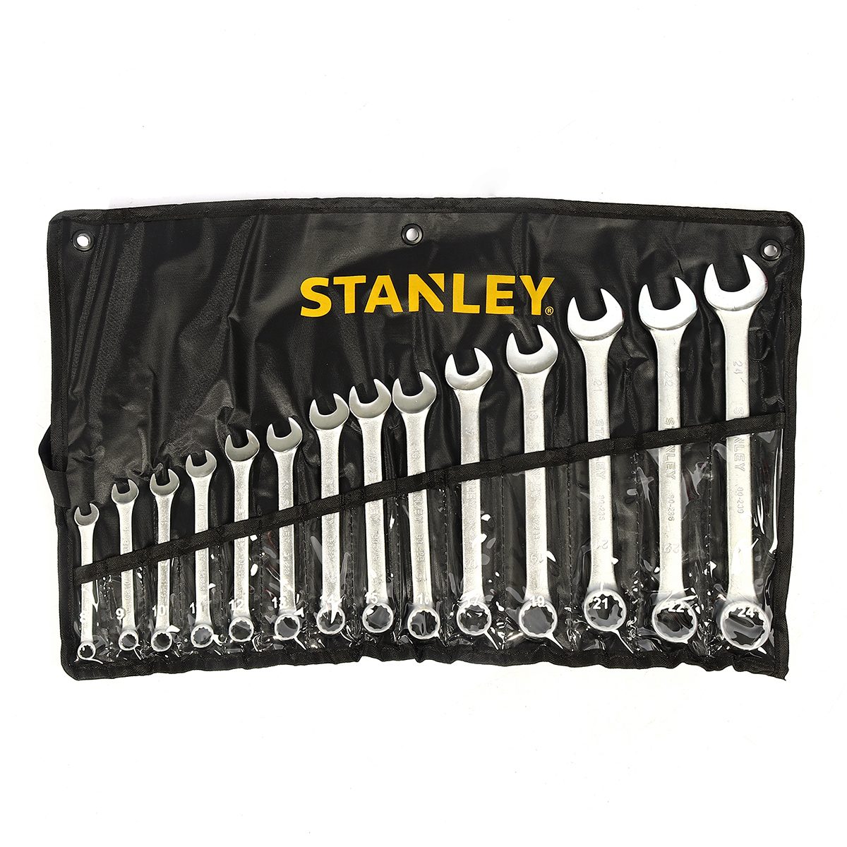 ชุดประแจแหวนข้างปากตาย 14 ชิ้น ซองผ้า สแตนเล่ย์ (STANLEY) รุ่น CWB ขนาด 8-24 มม. ในชุดประกอบไปด้วยเบอร์ 8,9,10,11,12,13,14,15,16,17,19,21,22