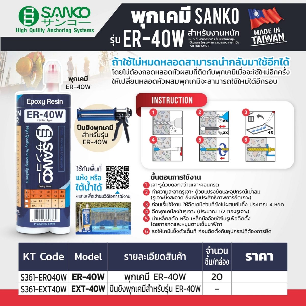 พุกเคมี ซันโก (SANKO) รุ่น ER-40W สำหรับงานหนัก ขนาด 400 มิลลิลิตร เหมาะกับงานโครงการ รับแรงโหลดสูง และใช้งานได้หลากหลายประเภท เหมาะสำหรับใช