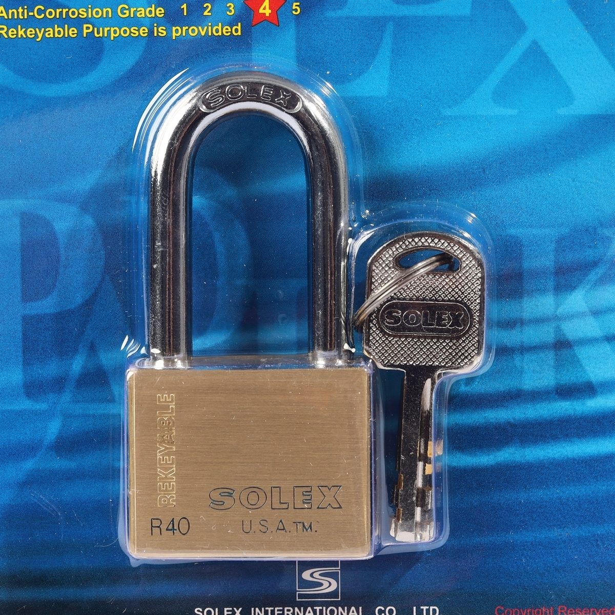 SOLEX กุญแจคล้อง รุ่น R40 L PREMIUM คอยาว ขนาด 40 มม. ผลิตจากทองเหลืองอย่างดี (โซเล็กซ์)