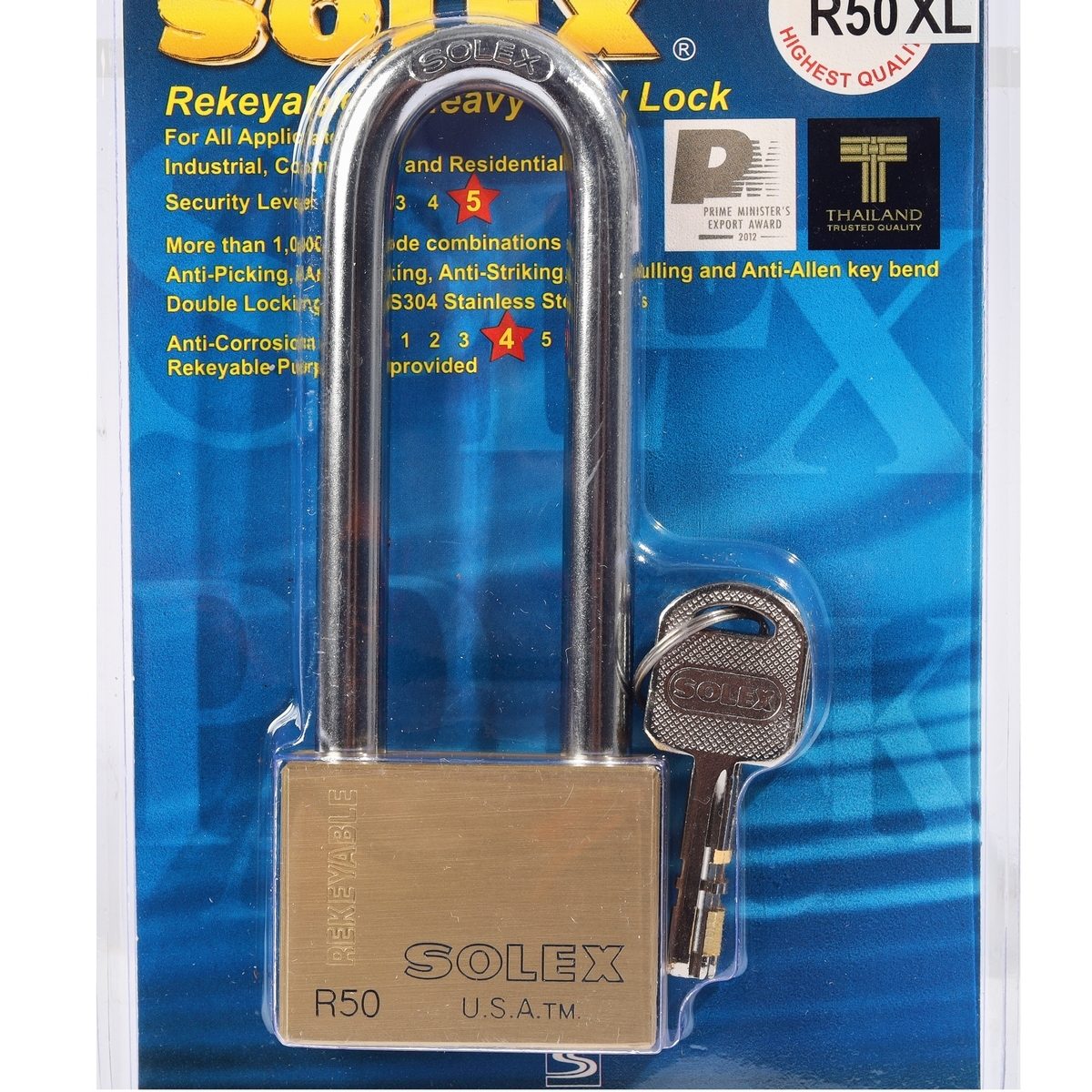 SOLEX กุญแจคล้อง คอยาวพิเศษ ขนาด 50 มม. รุ่น R50 XL PREMIUM ผลิตจากทองเหลืองอย่างดี ระบบล็อคลูกปืน ป้องกันการสะเดาะกุญแจได้ (โซเล็กซ์)