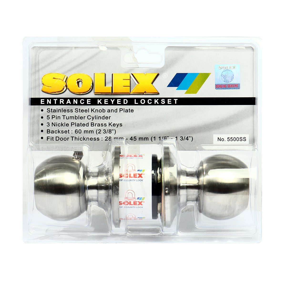 ลูกบิดประตู SOLEX (โซเล็กซ์) รุ่น 5500SS ใช้สำหรับห้องทั่วไป หัวกลม ผลิตจากสแตนเลส เหมาะสำหรับประตู 25-45 มิลลิเมตร