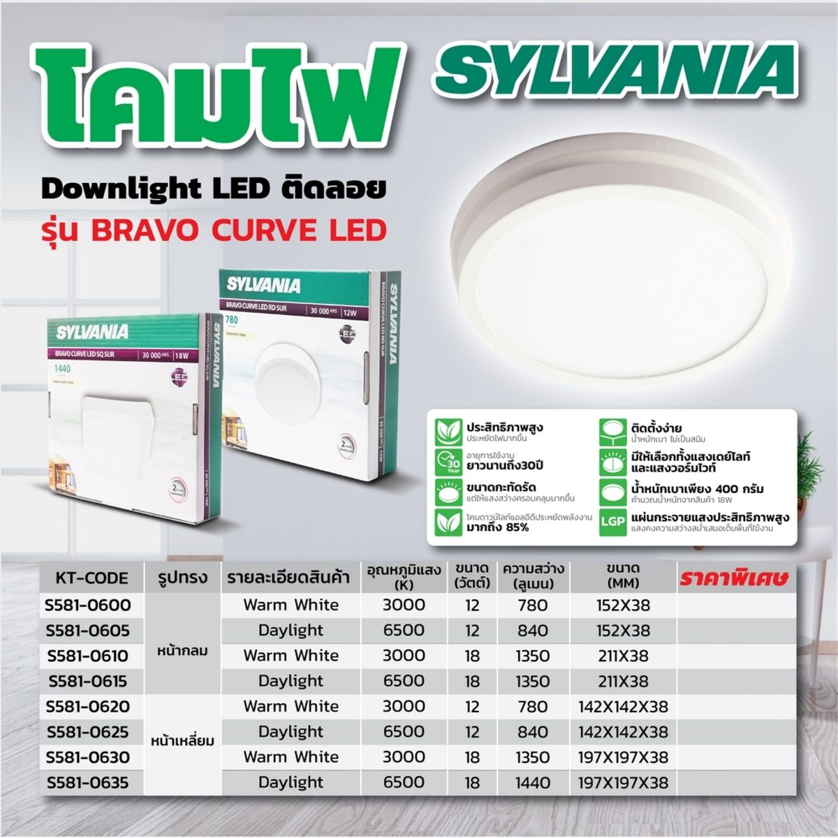 SYLVANIA โคมไฟดาวน์ไลท์ LED  แบบติดลอยหน้ากลม กำลังไฟ 18W แสง Warm wihte รุ่น BRAVO CURVE LED RD SUR เหมาะสำหรับตกแต่งที่พัก สำนักงาน ร้านค้