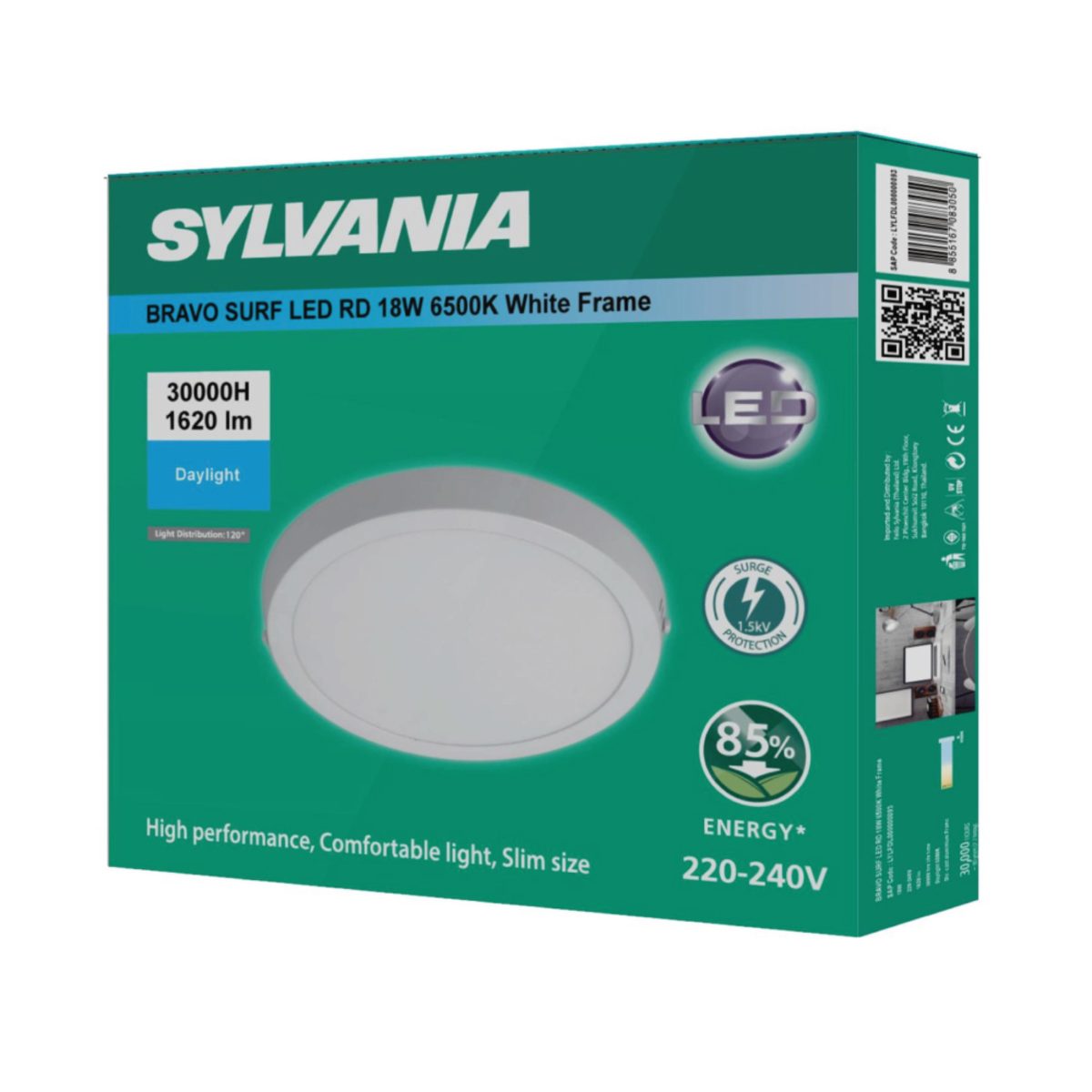 SYLVANIA ดาวน์ไลท์ LED ติดลอยหน้ากลม ตัวโคมสีขาว กำลังไฟ 18 วัตต์ ค่าความสว่าง 1,620 ลูเมน แสงเดย์ไลท์ อายุการใช้งานยาวนานมากกว่า 30,000 ชั่