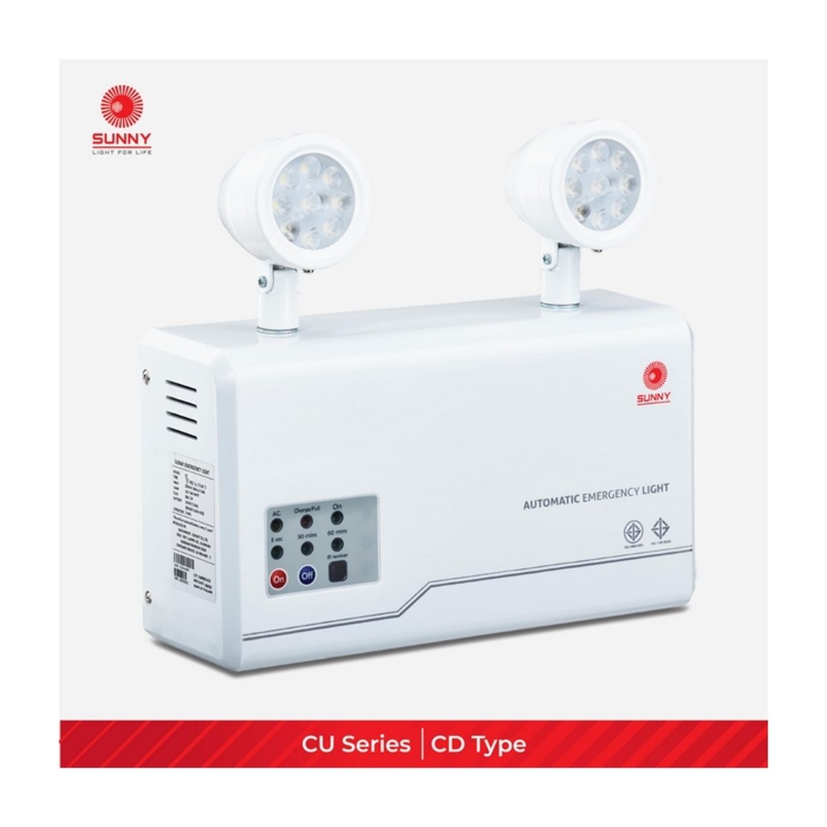 โคมไฟฉุกเฉิน LED+รีโมท ซันนี่ (SUNNY) รุ่น CU209CD4 ชนิดหลอด SMD แรงดันไฟฟ้า 12 โวลต์ กำลังไฟ 9 วัตต์ โคมไฟ จำนวน 2 หัว ให้แสงสว่างฉุกเฉินคง