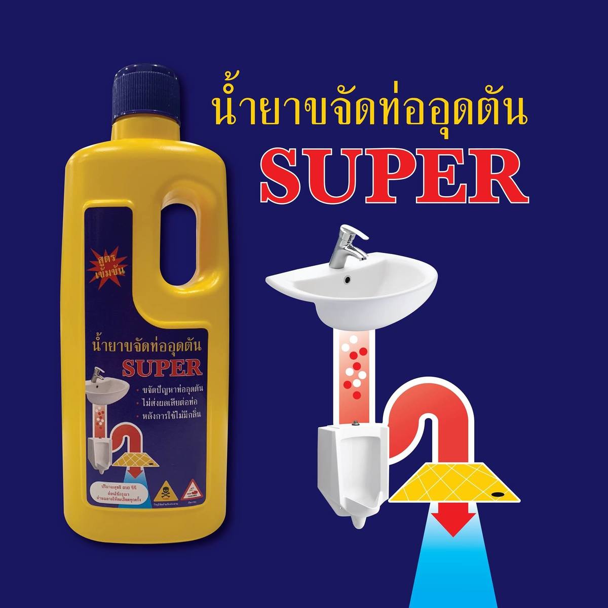 น้ำยาขจัดท่ออุดตัน ซุปเปอร์ (SUPER) รุ่น SP002 ขนาด 500 ซีซี (0.5 ลิตร) สำหรับขจัดการอุดตันของท่อระบายน้ำ สามารถละลายอินทรีย์สารทุกชนิด เช่น