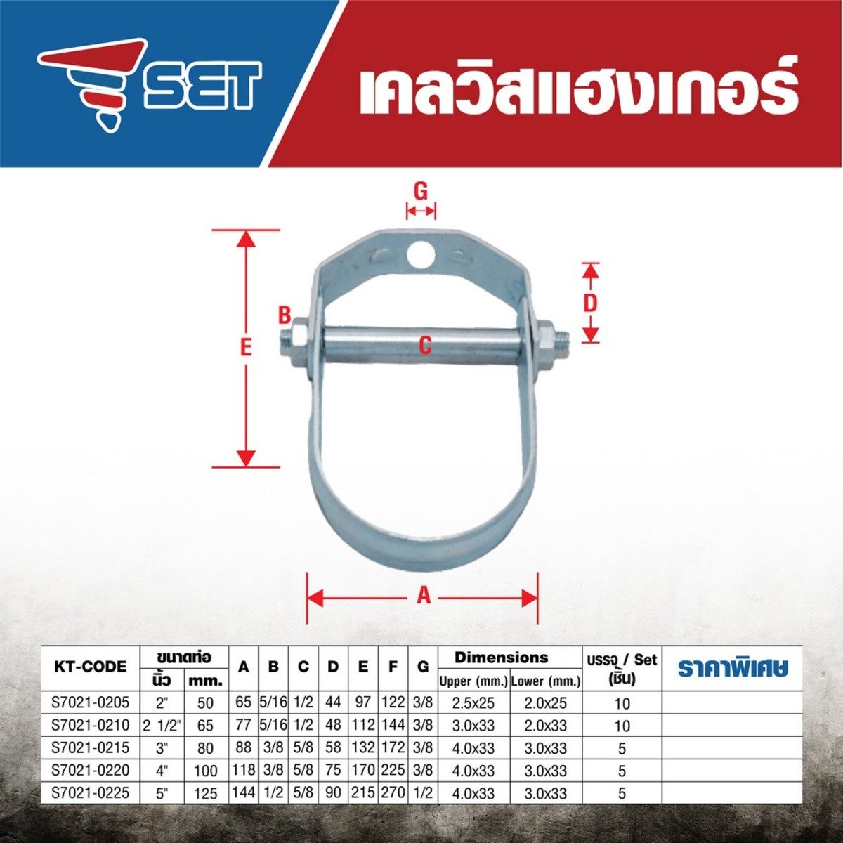 SET (เซท) เควิสแฮงเกอร์ ขนาด 5 นิ้ว (Adjustable Clevis Hanger) แคล้มแขวนท่อ ใช้สำหรับยึดท่อ ให้ติดกับผนังหรือเสา รองรับน้ำหนักได้มาก ผลิตจาก