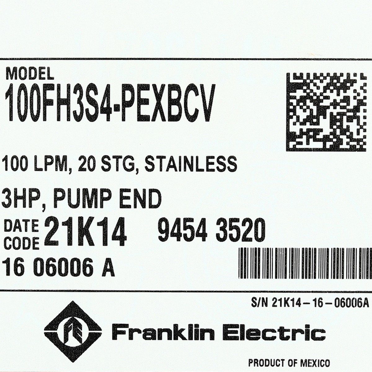 ชุดปั๊ม3HP20ใบ 2" 220V.(100FH3S4-PEXBCV)