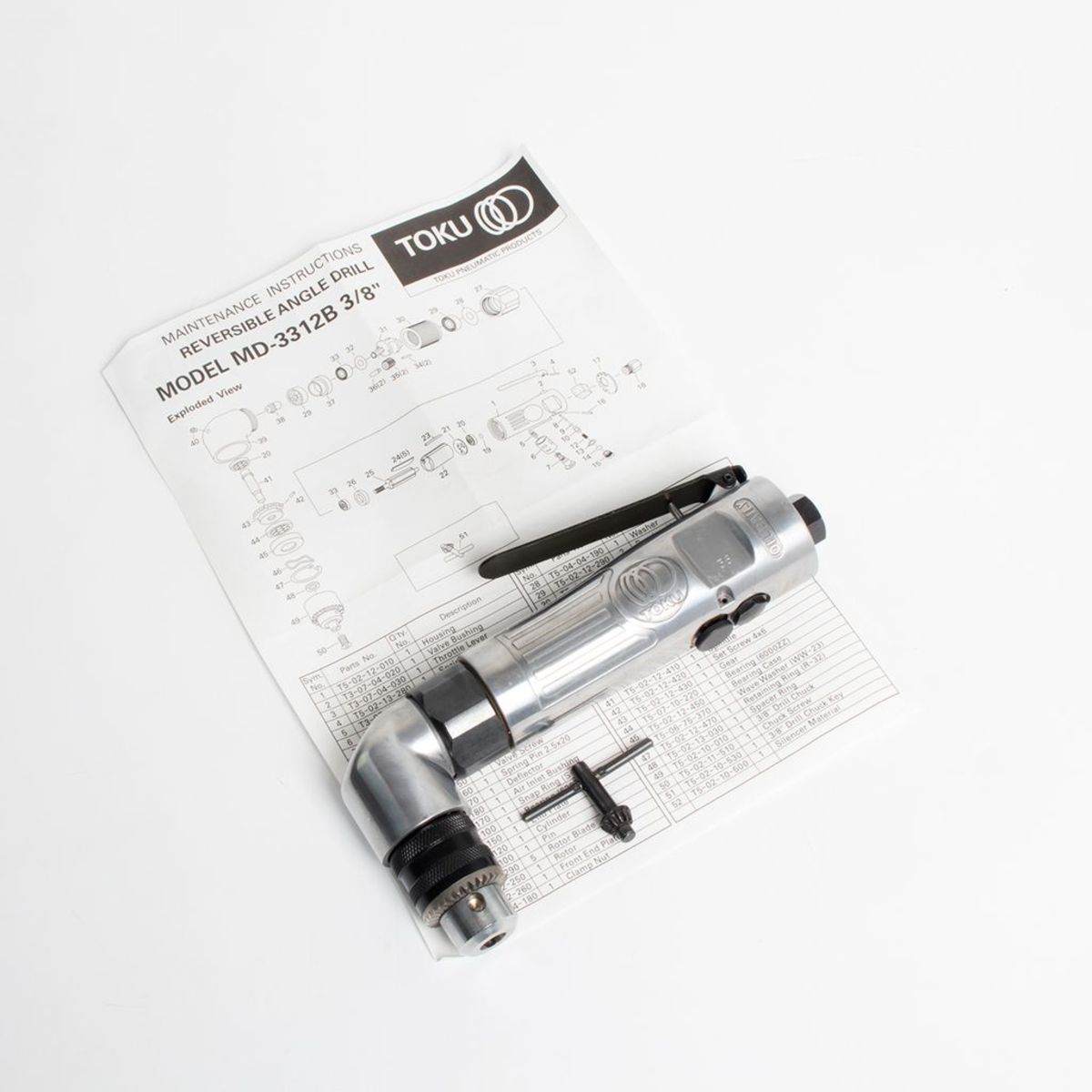 สว่านลมแบบข้องอ โตกุ (TOKU) รุ่น MD-3312B ขนาดหัวจับดอก 3/8 นิ้ว รุ่นงานหนัก สามารถหมุนได้ 2 ทิศ ขนาดแกนหมุน 3/8 นิ้ว x 24 นิ้ว (มาตรฐานนเกล
