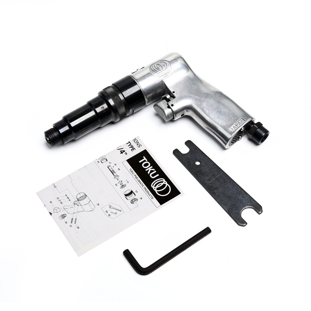 ไขควงลมแบบด้ามปืน โตกุ (TOKU) รุ่น MV-6226B ขนาดแกนเพลา Hex 1/4 นิ้ว แรงบิดแนะนำ 0.5 - 1.2 กิโลกรัม-เมตร ปริมาณลม 0.60 ลบ.ม./นาที ขนาดสายลม 