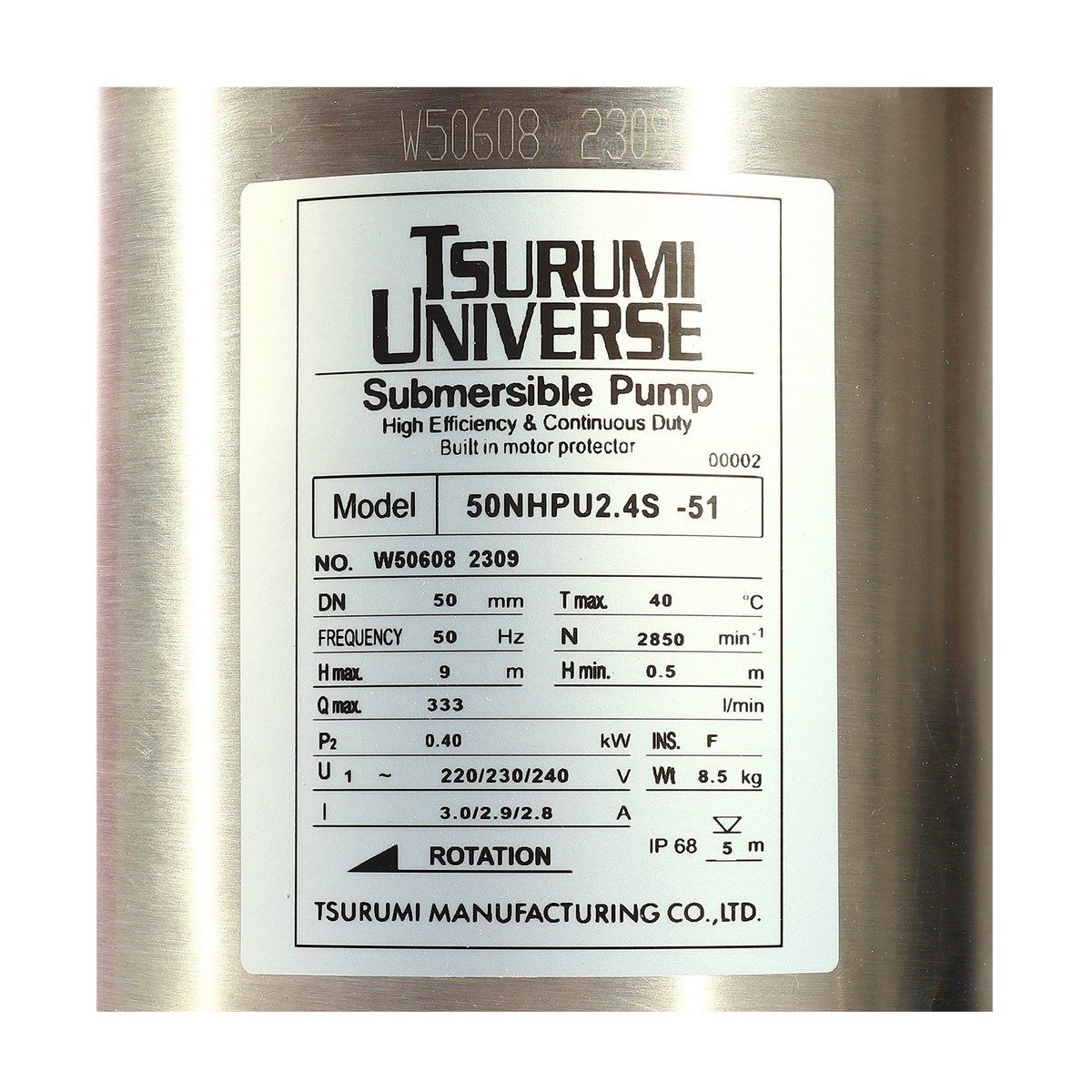 TSURUMI ปั๊มแช่ 0.4 กิโลวัตต์ รุ่น 50NHPU2.4S ไฟ 220 โวลต์ ส่งสูงสุด 9 เมตร ท่อ 2 นิ้ว ปริมาณน้ำสูงสุด 330 ลิตร/นาที สายไฟยาว 5 เมตร (ซูรูมิ