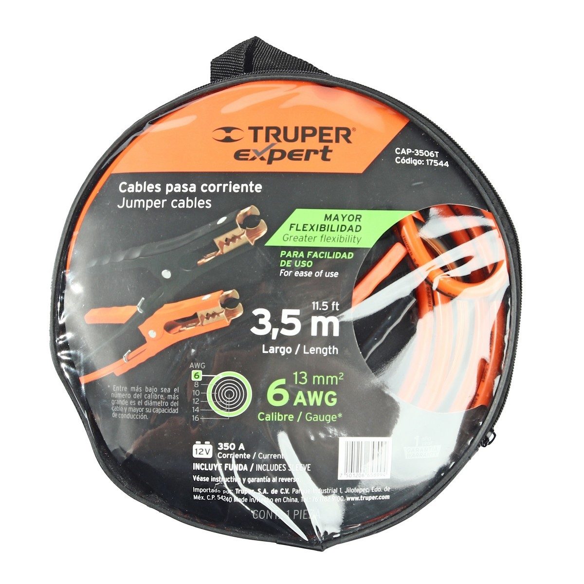 TRUPER สายพ่วงแบตเตอรี่รถยนต์ 6 AWG ยาว 3 เมตร (11.5 ฟุต) รุ่น 17544 พร้อมกระเป๋าแบบหูหิ้ว และพกพาที่ง่าย (ทรูเปอร์)