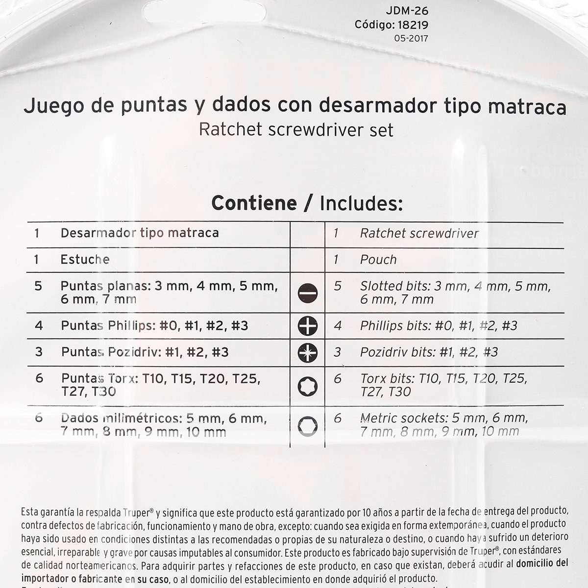 ชุดไขควง 1/4 นิ้ว ด้ามฟรี ดอกไขควง 24 หัว ทรูเปอร์ (TRUPER) รุ่น 18219 เป็นเหล็กกล้าวานาเดียมโครเมี่ยม และเปลี่ยนหัวได้ตามการใช้งาน ความต้าน