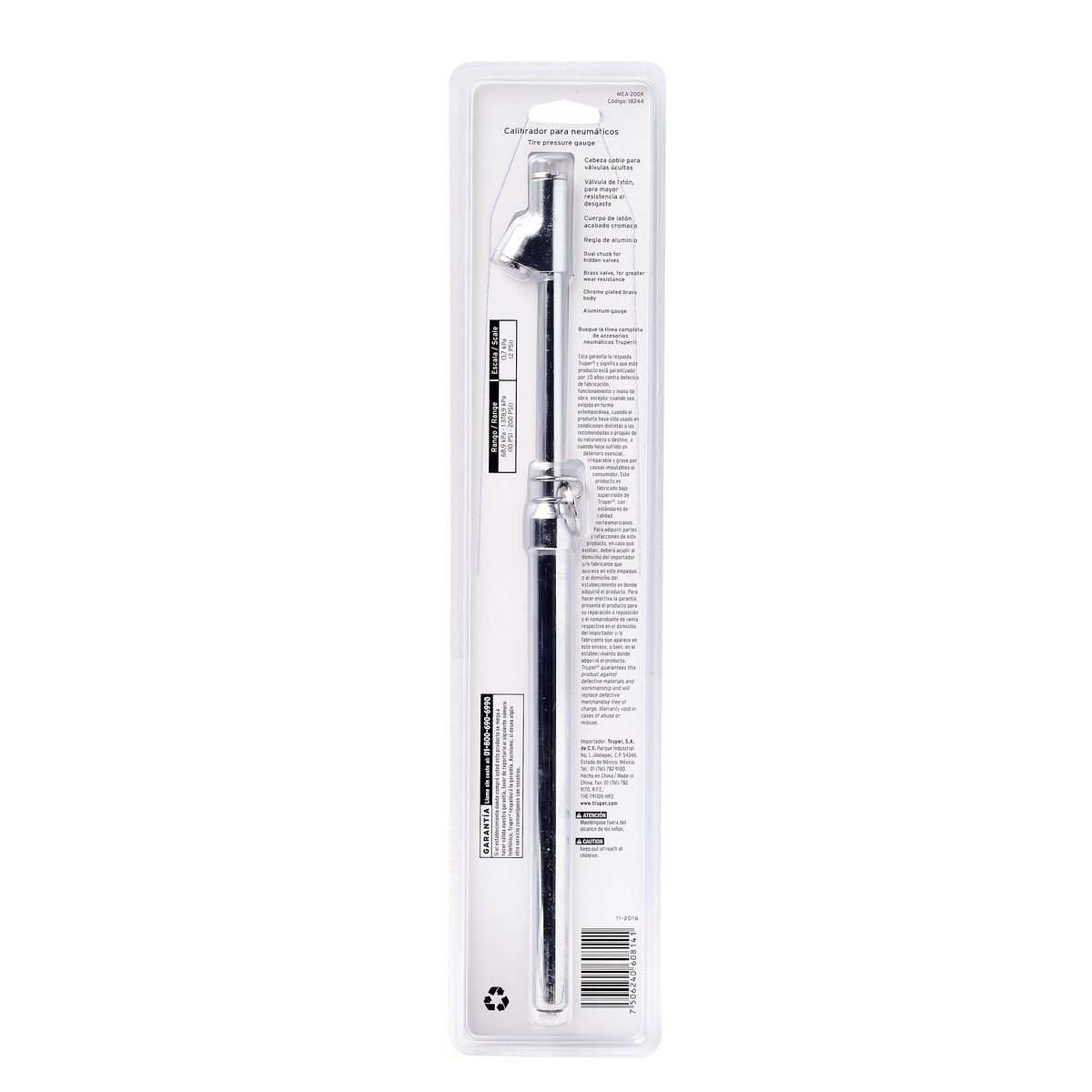 เกจ์วัดแรงดันยางรถ 2 หัว 200 ปอนด์ ทรูเปอร์ (TRUPER) รุ่น 18244 ขากรรไกรเหล็กช่วยเพิ่มความต้านทานการสึกหรอ