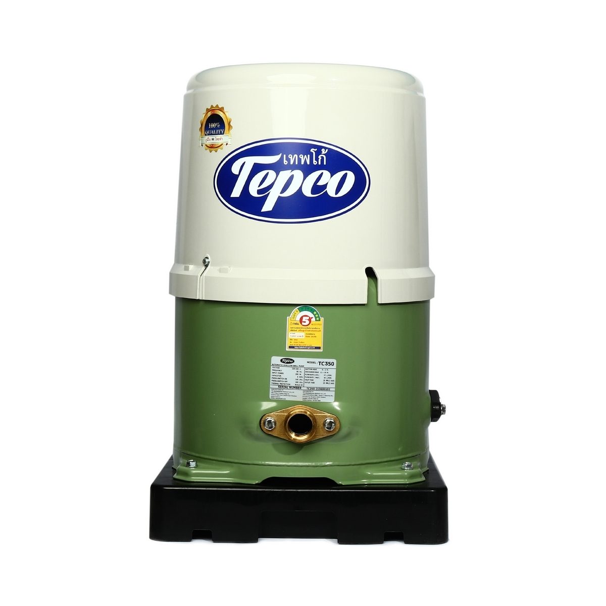 TEPCO ปั๊มน้ำอัตโนมัติ ถังกลม 350 วัตต์ รุ่น TC350 ขนาดท่อส่งเข้าและดูดออก 1 นิ้ว ส่งสูงสุด 55 เมตร ปริมาณน้ำสูงสุด 60 ลิตร/นาที ดูดลึก 8 เม