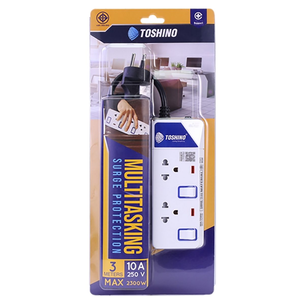 TOSHINO ปลั๊กพ่วง 2 ช่อง 2 สวิตช์ สายไฟยาว 3 เมตร 10 แอมป์ รุ่น ET-912 สาย VCT 3X0.75 S.qm มาตรฐาน มอก. (โตชิโน่)