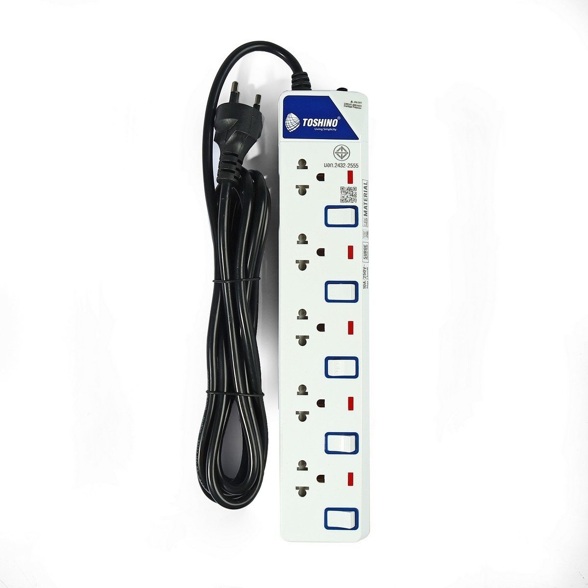 TOSHINO ปลั๊กพ่วง 5 ช่อง 5 สวิตช์ สายไฟ 3 เมตร 10 แอมป์ รุ่น ET-915 สาย VCT 3X0.75 S.qm มาตรฐาน มอก. (โตชิโน่)