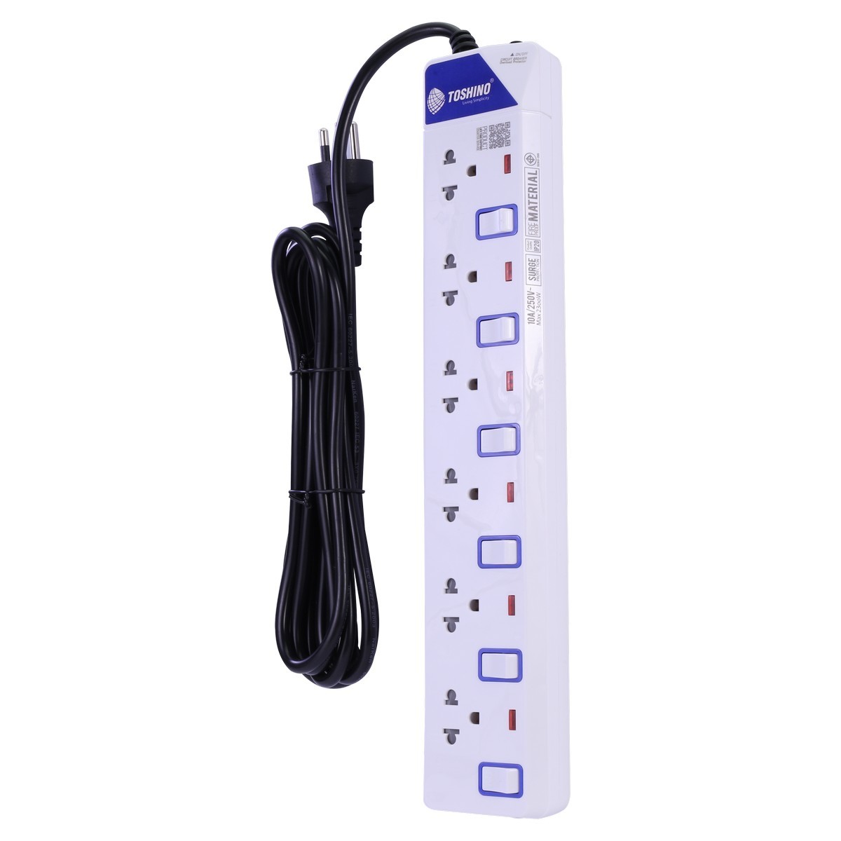TOSHINO ปลั๊กพ่วง 6 ช่อง 6 สวิตช์ สายไฟ 3 เมตร 10 แอมป์ รุ่น ET-916 สาย VCT 3X0.75 S.qm มาตรฐาน มอก. (โตชิโน่)