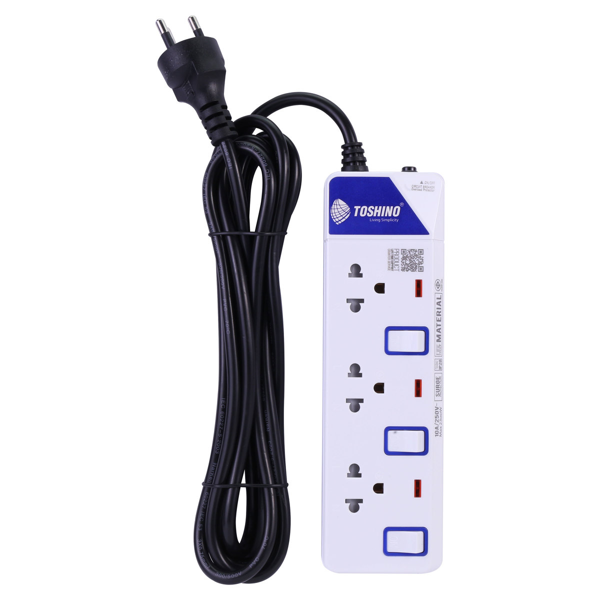 TOSHINO ปลั๊กพ่วง 3 ช่อง 3 สวิตซ์ สายไฟ 5 เมตร 10 แอมป์ รุ่น ET-9135M สาย VCT 3X0.75 S.qm มาตรฐาน มอก. (โตชิโน่)