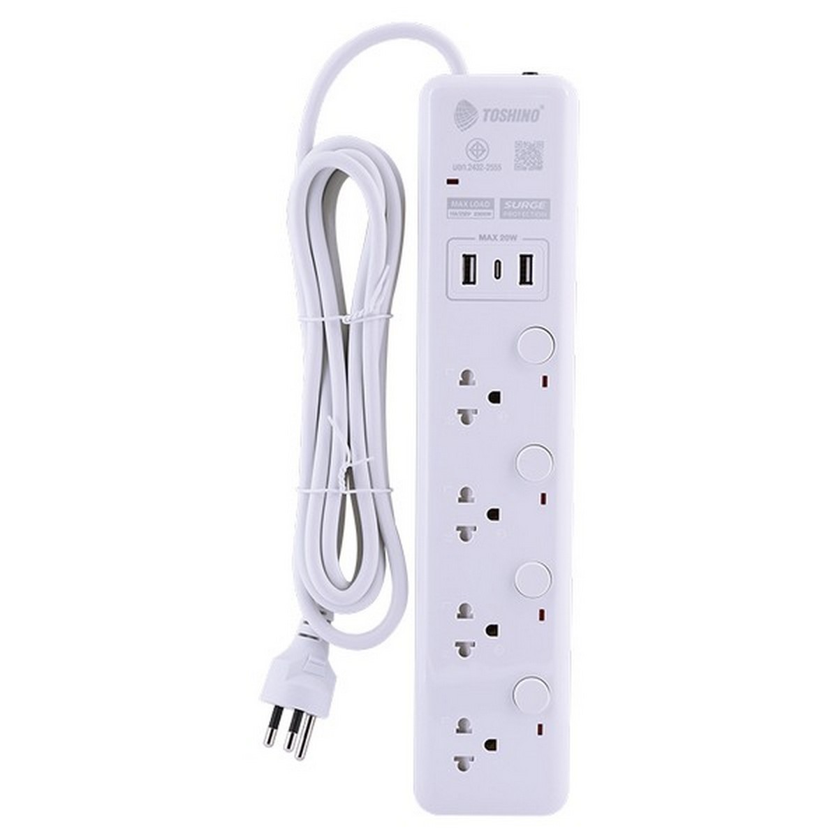 TOSHINO ปลั๊กไฟ 4 ช่อง 2 USB 1 Type C 4 สวิตช์ 10 แอมป์ รุ่น WY Series รองรับไฟ 2300 วัตต์ มาตรฐาน มอก. (โตชิโน่)