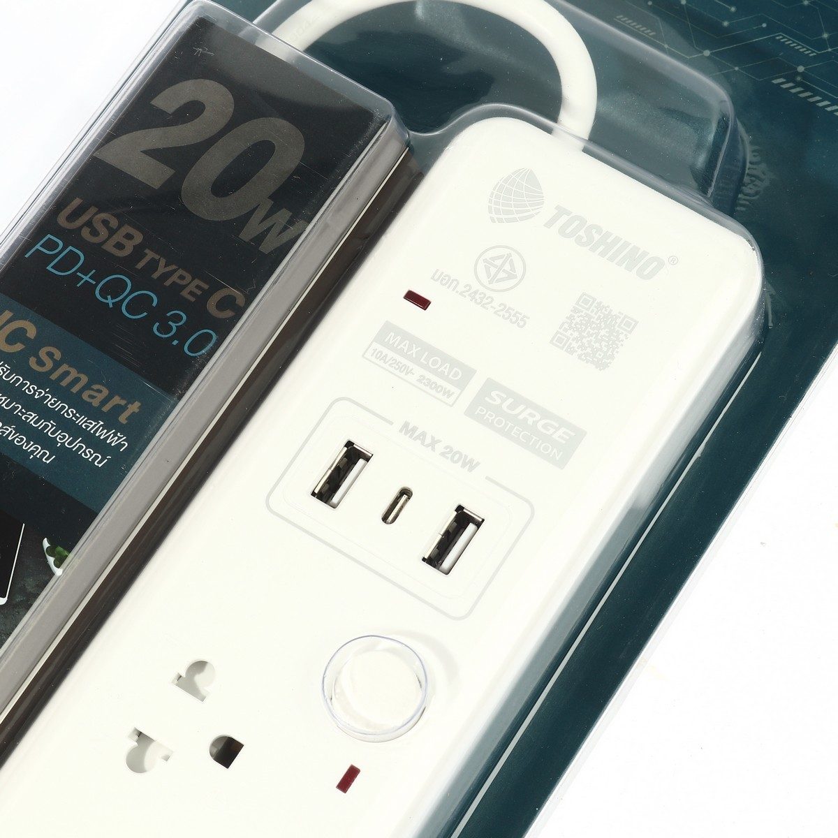 TOSHINO ปลั๊กไฟ 5 ช่อง 2 USB 1 Type C 5 สวิตช์ สายไฟ 3 เมตร 10 แอมป์ รุ่น WY Series รองรับไฟ 2300 วัตต์ (โตชิโน่)