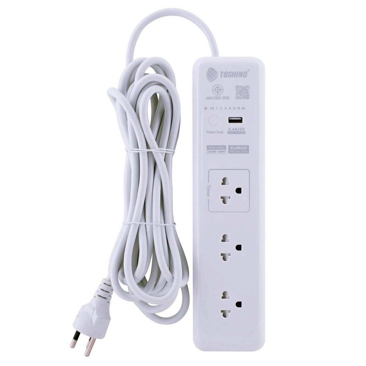 TOSHINO รางปลั๊กไฟ 3 ช่อง 3 เมตร 10 แอมป์ USB 1 ช่อง รุ่น WT-33 พร้อมนาฬิกาตั้งเวลา24 ชั่วโมง มอก.2432-2555 (โตชิโน่)