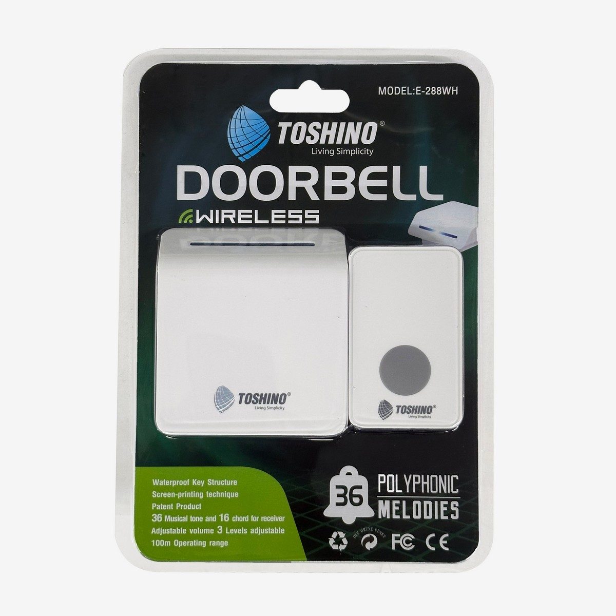 TOSHINO กระดิ่งไร้สายแบบเสียบปลั๊ก รุ่น E-288WH สีขาว มี 1 ตัวรับ 1 ตัวส่ง ติดตั้งง่าย รับ-ส่งสัญญาณได้สูงสุด 100 เมตร เปลี่ยนเสียงได้ 36 เส