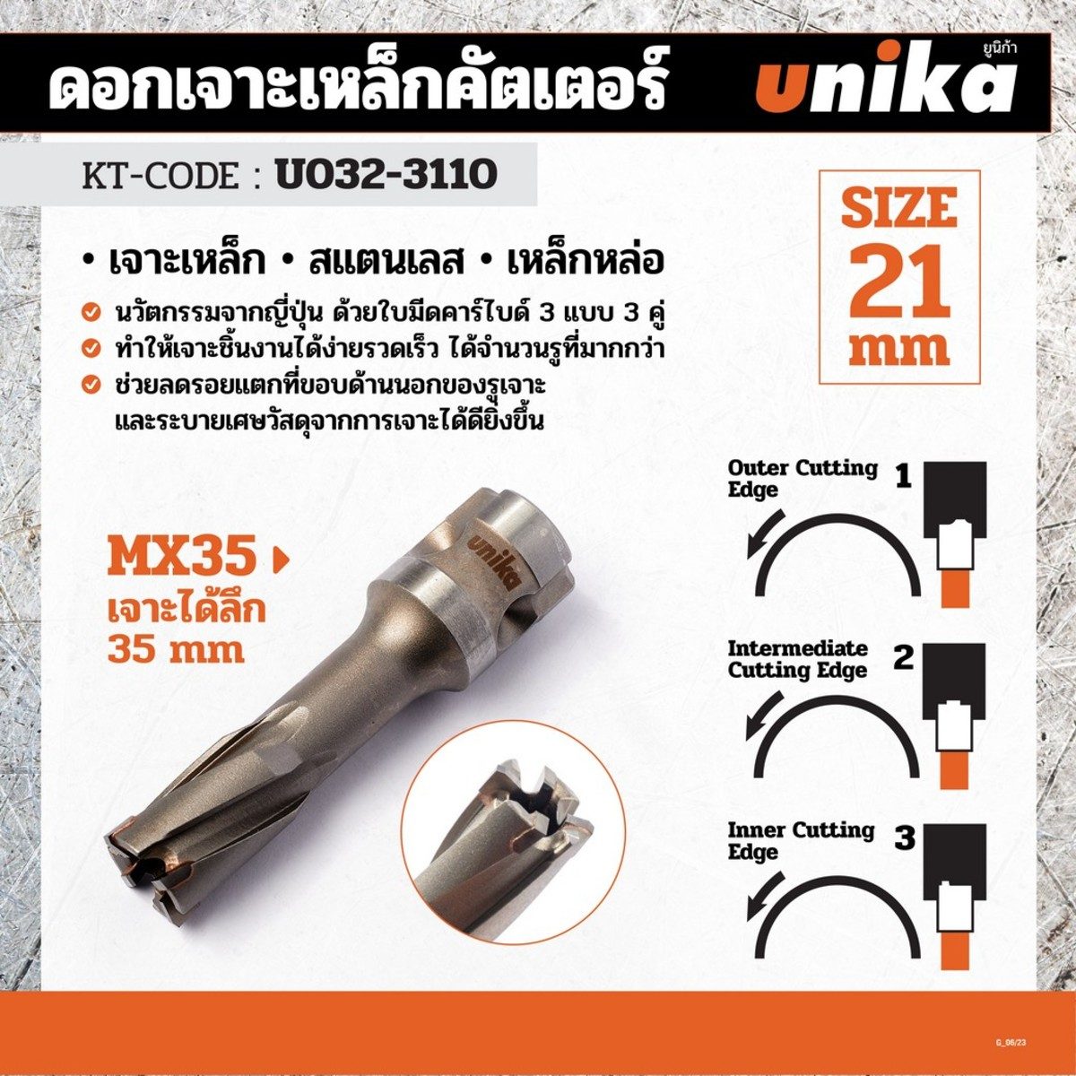 UNIKA (ยูนิก้า) ดอกเจาะเหล็กคัตเตอร์ ขนาด 21x35 มม. รุ่น META-CORE MAX (JET BROACH) เจาะลึกได้สูงสุด 35 มม.