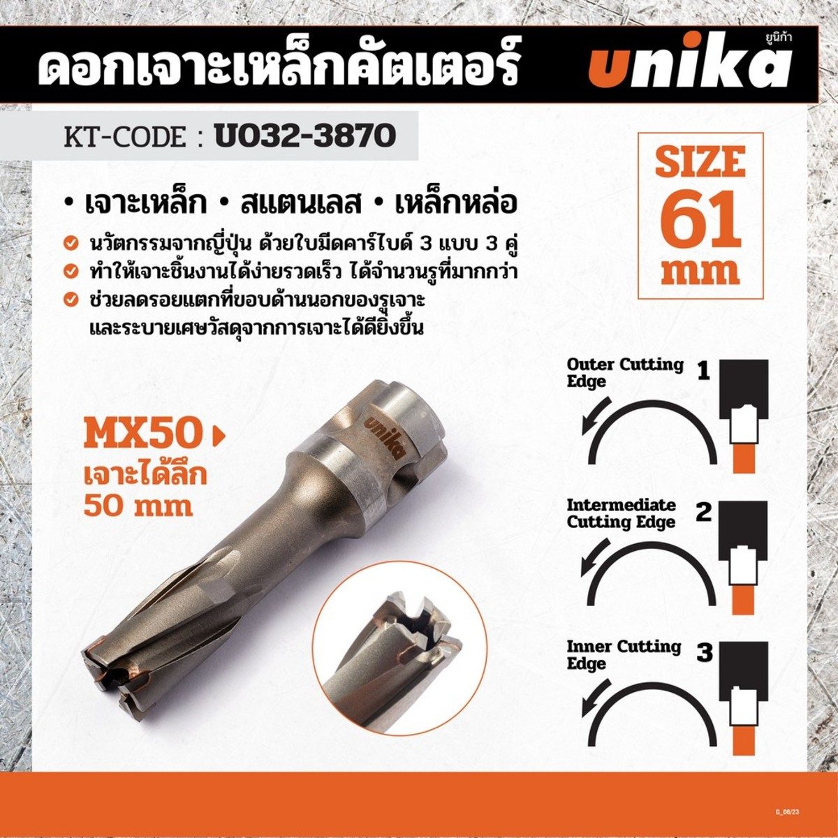 UNIKA (ยูนิก้า) ดอกเจาะเหล็กคัตเตอร์ ขนาด 61x50 มม. รุ่น META-CORE MAX (JET BROACH) เจาะลึกได้สูงสุด 50 มม.