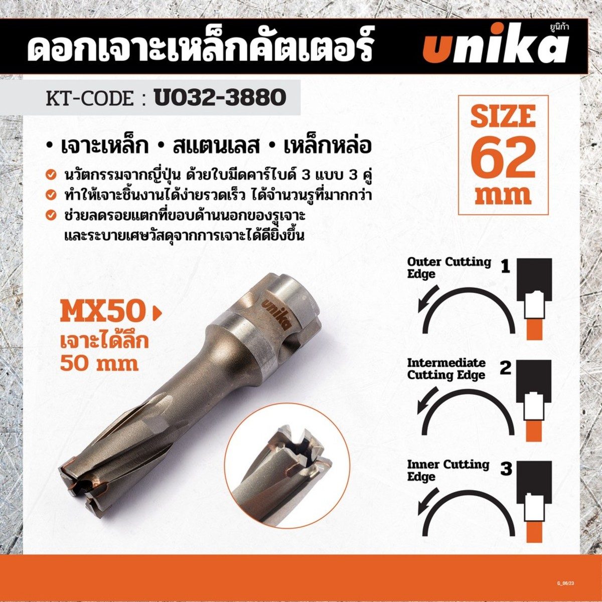 UNIKA (ยูนิก้า) ดอกเจาะเหล็กคัตเตอร์ ขนาด 62x50 มม. รุ่น META-CORE MAX (JET BROACH) เจาะลึกได้สูงสุด 50 มม.