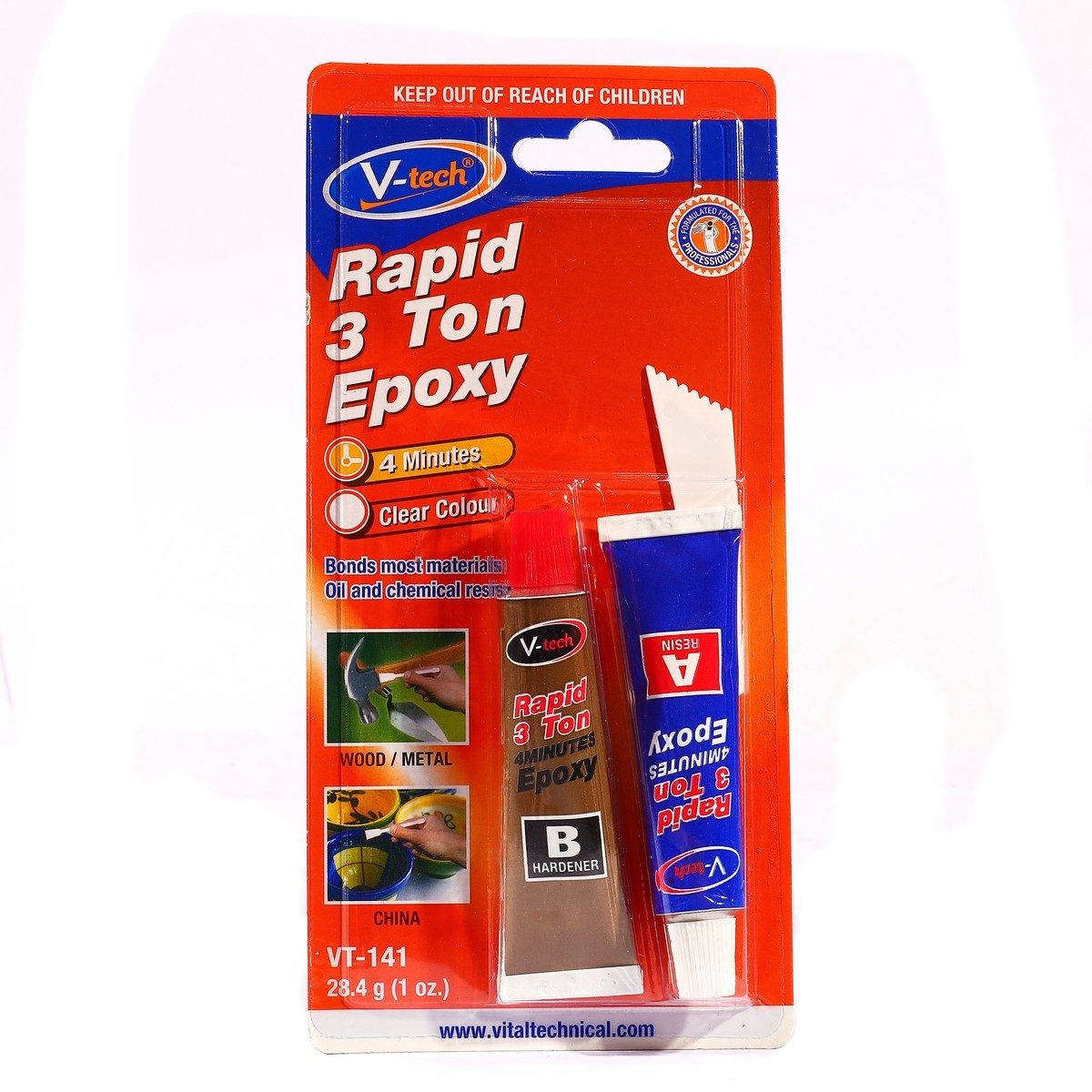 V TECH กาวอีพอกซ์ซี่ สีใส ขนาด 2 X 28.4 มล. รุ่น VT-141 สำหรับงานโลหะ และวัสดุต่างๆ ชนิดแห้งเร็วภายใน 4 นาที ทนความร้อนได้ถึง 130°C (วีเทค)