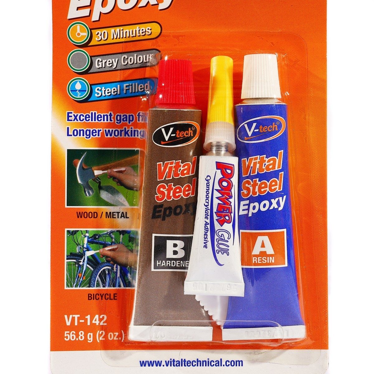 V TECH กาวอีพอกซ์ซี่ สีเทา แถมกาวตราช้าง รุ่น VT-140BP เหมาะกับการเชื่อมเหล็กและอุปกรณ์ต่างๆ แห้งช้าใน 90 นาที ทนความร้อนได้ถึง 80°C (วีเทค)