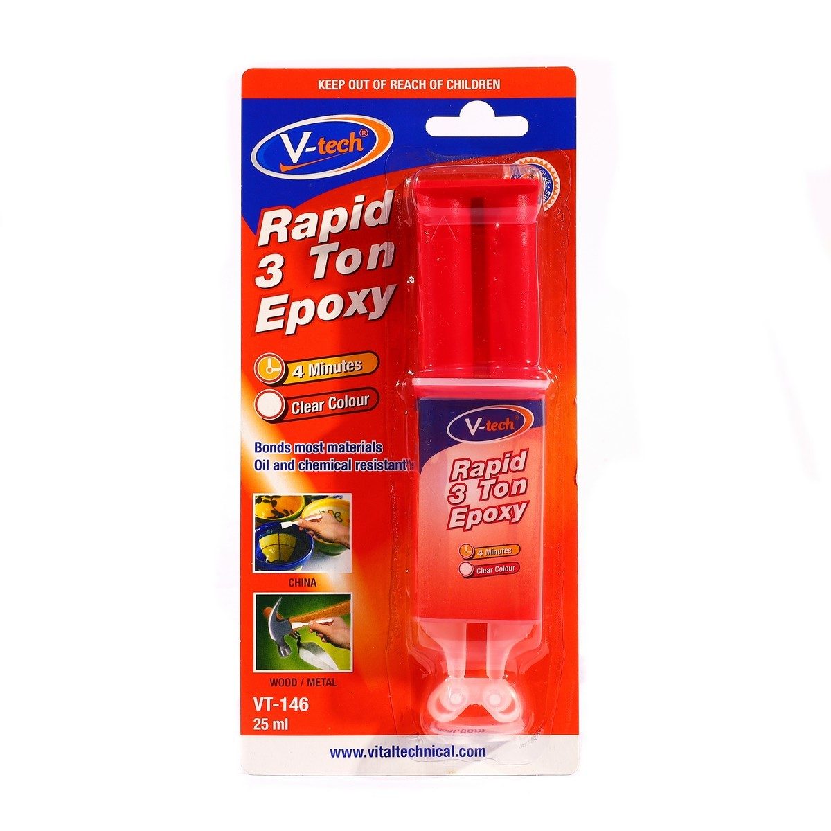 V TECH กาวอีพอกซ์ซี่ สีใส ขนาด 25 กรัม รุ่น VT-146 สำหรับติดรอยต่อและรอยร้าวของวัสดุ แห้งเร็วภายใน 4 นาที ทนความร้อนได้ถึง 150°C (วีเทค)