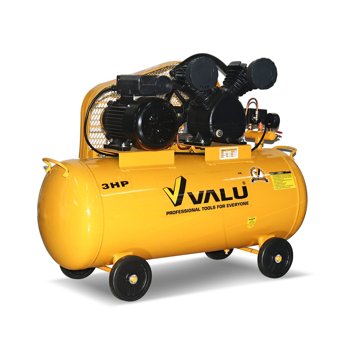 VALU ปั๊มลมสายพาน มอเตอร์ 3 แรงม้า (2200 วัตต์) ถัง 100 ลิตร รุ่น 2065-100 ไฟ 1 เฟส ความเร็วรอบ 2850 รอบ/นาที แรงดันลม 8 บาร์ ปริมาณลม 200 ล