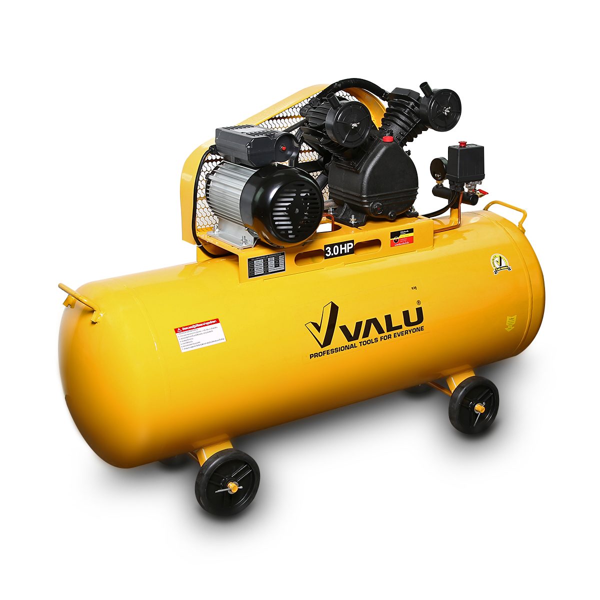 VALU ปั๊มลมสายพาน 2 หัว มอเตอร์ 3 แรงม้า (2200 วัตต์) ถัง 150 ลิตร รุ่น 2065-150 ไฟ 1 เฟส ความเร็วรอบ 2,850 รอบ/นาที แรงดันลม 8 บาร์ ปริมาณล