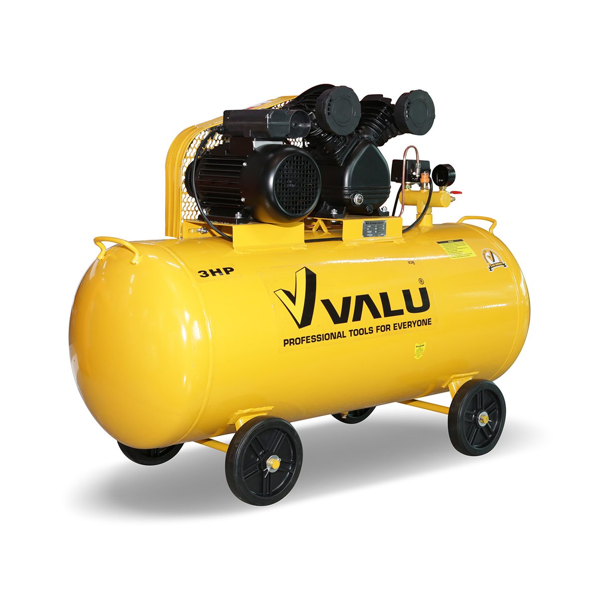 VALU ปั๊มลมสายพาน 2 หัว มอเตอร์ 3 แรงม้า (2200 วัตต์) ถัง 200 ลิตร รุ่น 2065-200 ไฟ 1 เฟส ความเร็วรอบ 2,850 รอบ/นาที แรงดันลม 8 บาร์ ปริมาณล