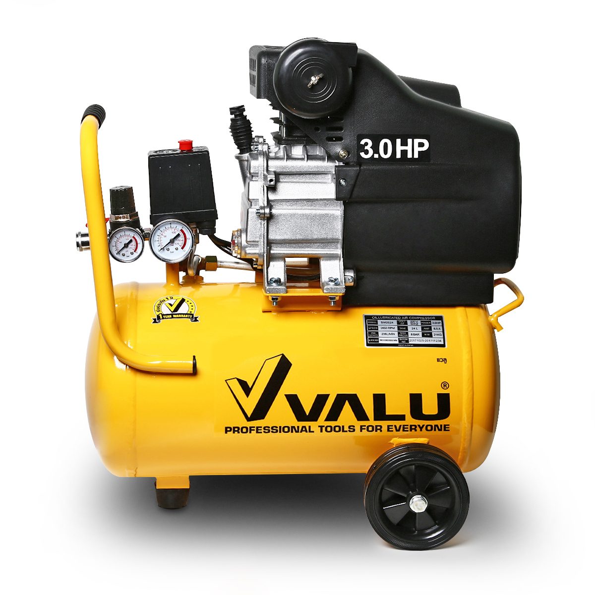 VALU ปั๊มลมขับตรง มอเตอร์ 3 แรงม้า (2200 วัตต์) ถัง 24 ลิตร รุ่น BM2024 ไฟ 1 เฟส ความเร็วรอบ 2,850 รอบ/นาที แรงดันลม 8 บาร์ ปริมาณลม 206 ลิต