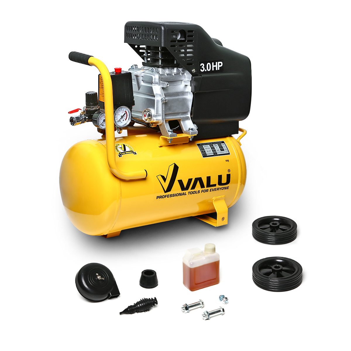 VALU ปั๊มลมขับตรง มอเตอร์ 3 แรงม้า (2200 วัตต์) ถัง 24 ลิตร รุ่น BM2024 ไฟ 1 เฟส ความเร็วรอบ 2,850 รอบ/นาที แรงดันลม 8 บาร์ ปริมาณลม 206 ลิต