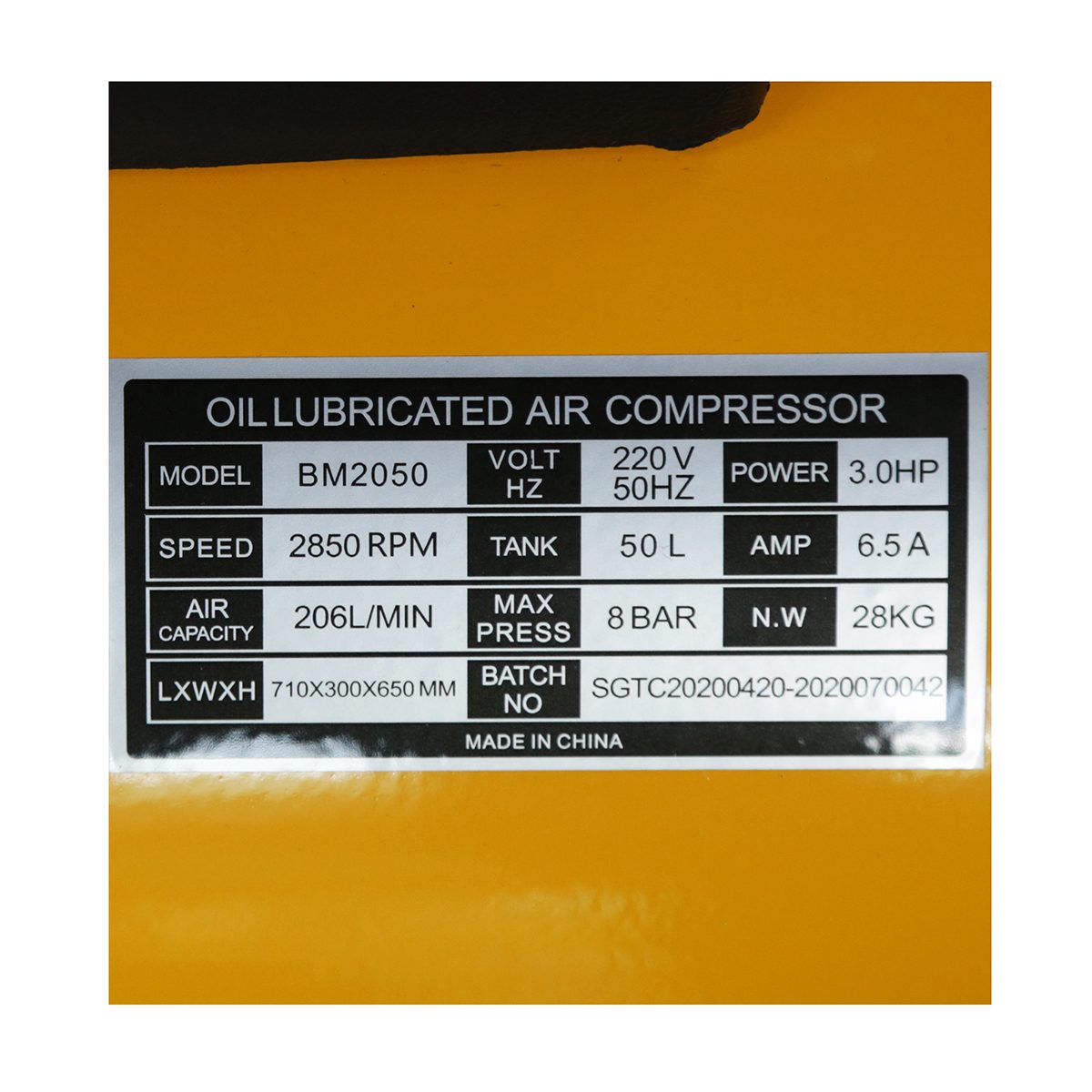 VALU ปั๊มลมขับตรง (โรตารี) มอเตอร์ 3 แรงม้า (2200 วัตต์) ถัง 50 ลิตร รุ่น BM2050 ไฟ 1 เฟส ความเร็วรอบ 2,850 รอบ/นาที แรงดันลม 8 บาร์ ปริมาณล