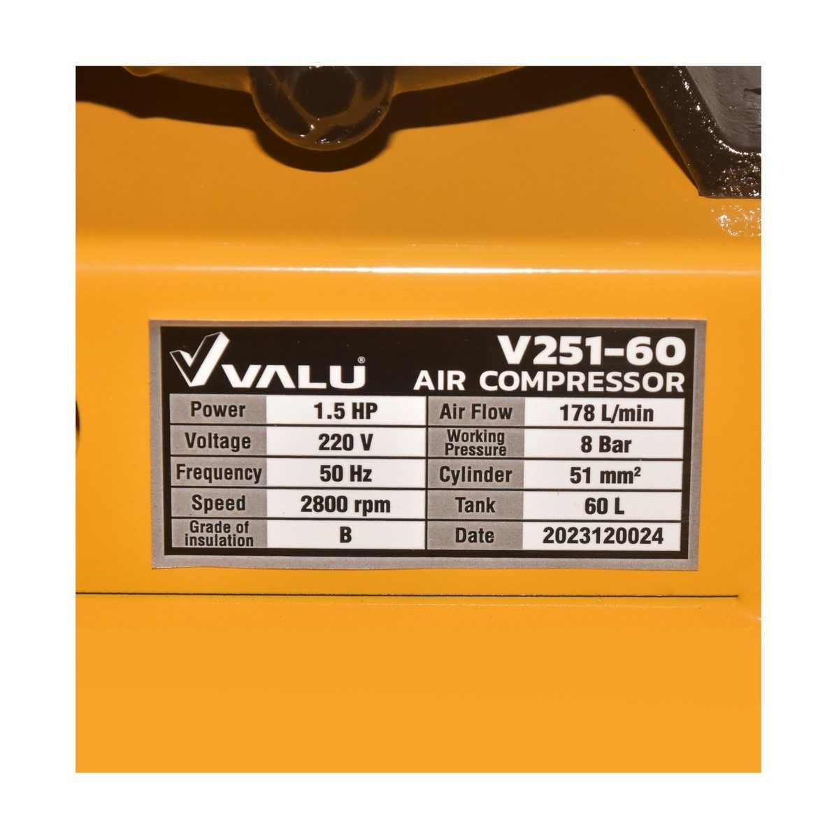 VALU ปั๊มลมสายพาน 2 หัว รุ่น 251-60 มอเตอร์ 1.5 แรงม้า (1100 วัตต์) ถัง 60 ลิตร ไฟ 1 เฟส ความเร็วรอบ 2800 รอบ/นาที แรงดันลม 8 บาร์ ปริมาณลม 