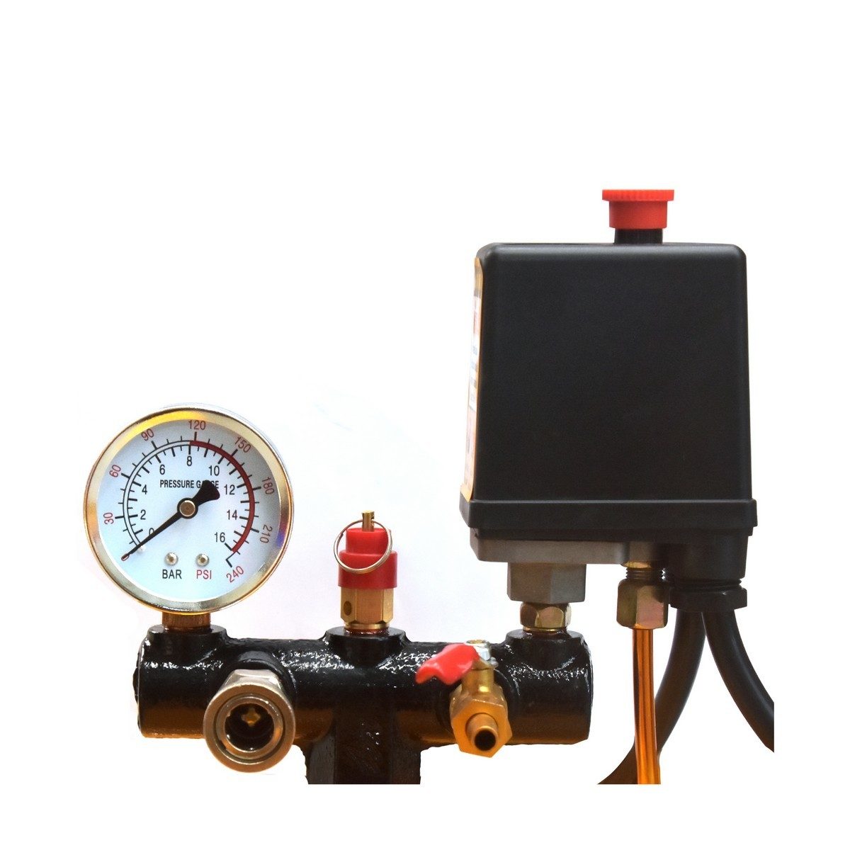 VALU ปั๊มลมสายพาน 2 หัว รุ่น 265-100 มอเตอร์ 2 แรงม้า (1500 วัตต์) ถัง 100 ลิตร ไฟ 1 เฟส ความเร็วรอบ 2800 รอบ/นาที แรงดันลม 8 บาร์ ปริมาณลม 