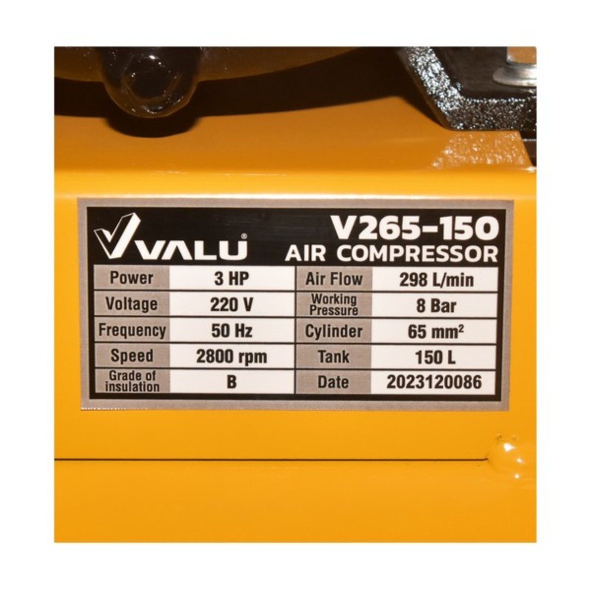 VALU ปั๊มลมสายพาน 2 หัว มอเตอร์ 3 แรงม้า (2200 วัตต์) ถัง 150 ลิตร รุ่น 265-150 ไฟ 1 เฟส ความเร็วรอบ 2800 รอบ/นาที แรงดันลม 8 บาร์ ปริมาณลม 